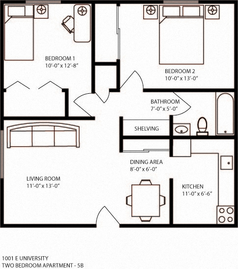 Floor plan for 2 beds, 1 bath, 800 sqft